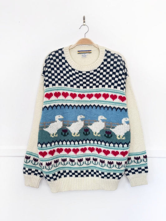 vintage 80s bryn connelly wool-blend country geese knit sweater - good market thrift store