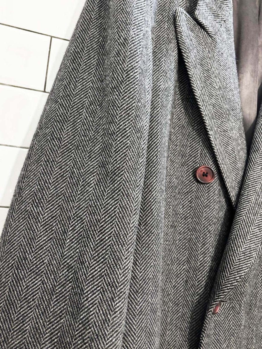 vintage 80s campbell & wade 100% wool herringbone double breasted overcoat | made in england - good market thrift store