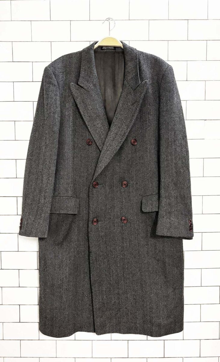 vintage 80s campbell & wade 100% wool herringbone double breasted overcoat | made in england - good market thrift store