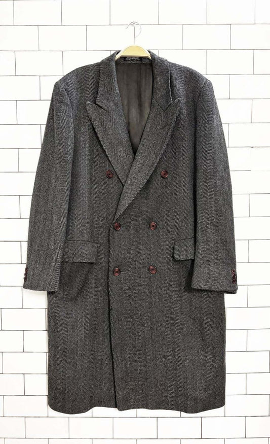vintage 80s campbell & wade 100% wool herringbone double breasted overcoat | made in england - good market thrift store
