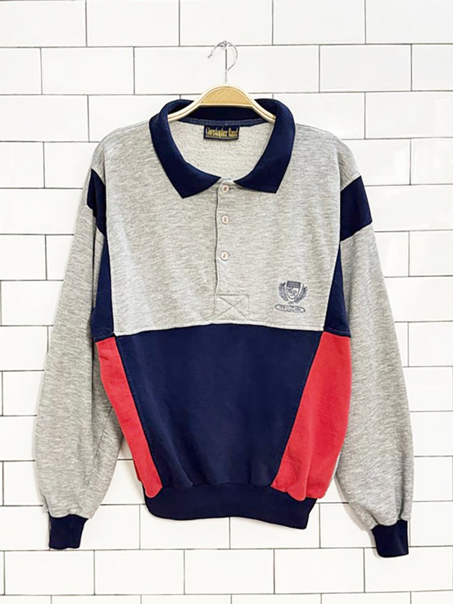 vintage 80s christopher rand half button colour block collared sweatshirt - good market thrift store