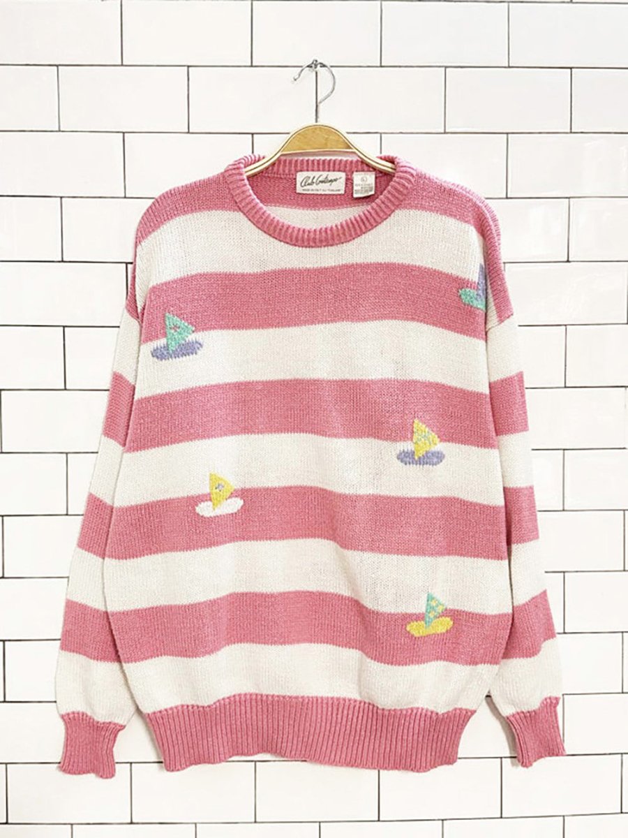 vintage 80s club contempo striped sail boats knit sweater - good market thrift store
