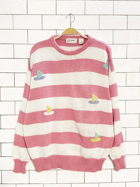 vintage 80s club contempo striped sail boats knit sweater - good market thrift store