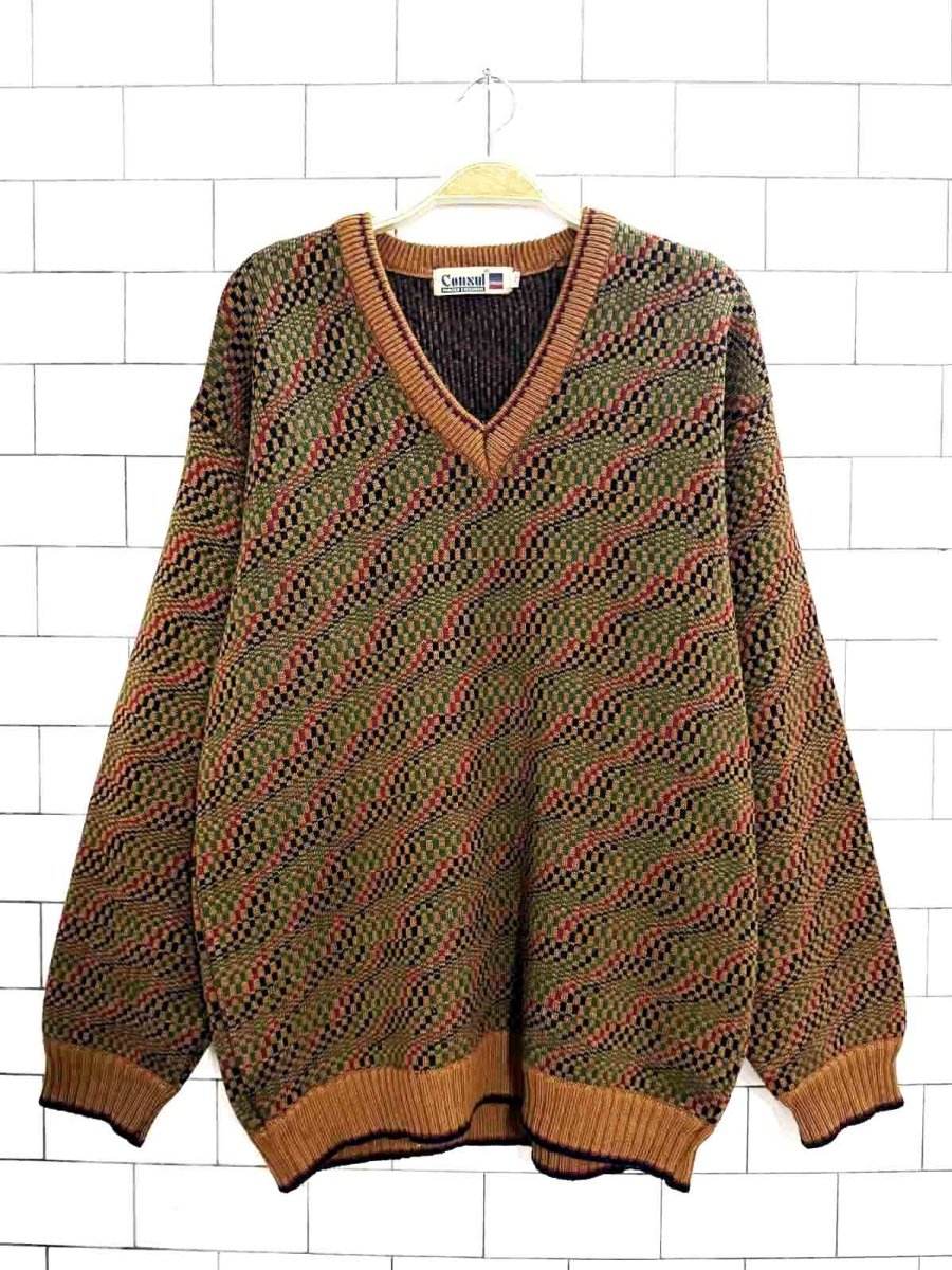 vintage 80s consul wave knit v - neck sweater - good market thrift store