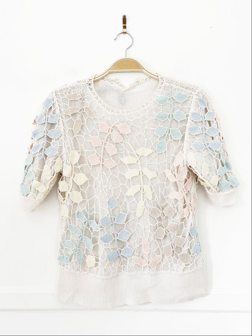 vintage 80s crochet floral knit layered short sleeve top - good market thrift store