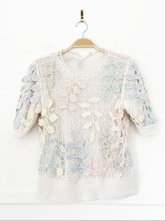 vintage 80s crochet floral knit layered short sleeve top - good market thrift store