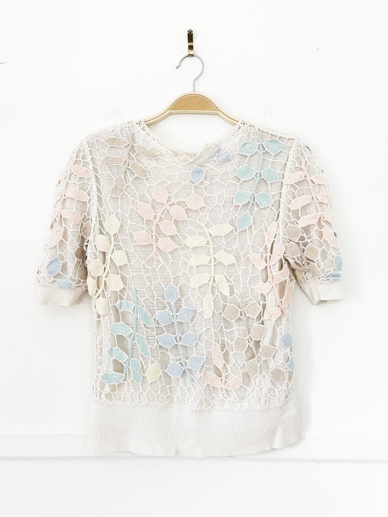 vintage 80s crochet floral knit layered short sleeve top - good market thrift store
