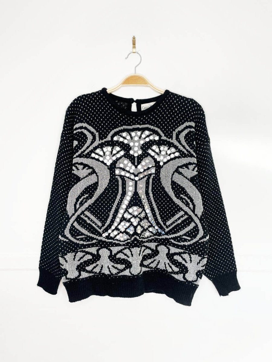 vintage 80s crossroads silver bells sequin knit sweater - good market thrift store