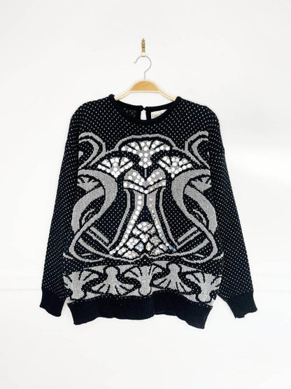 vintage 80s crossroads silver bells sequin knit sweater - good market thrift store