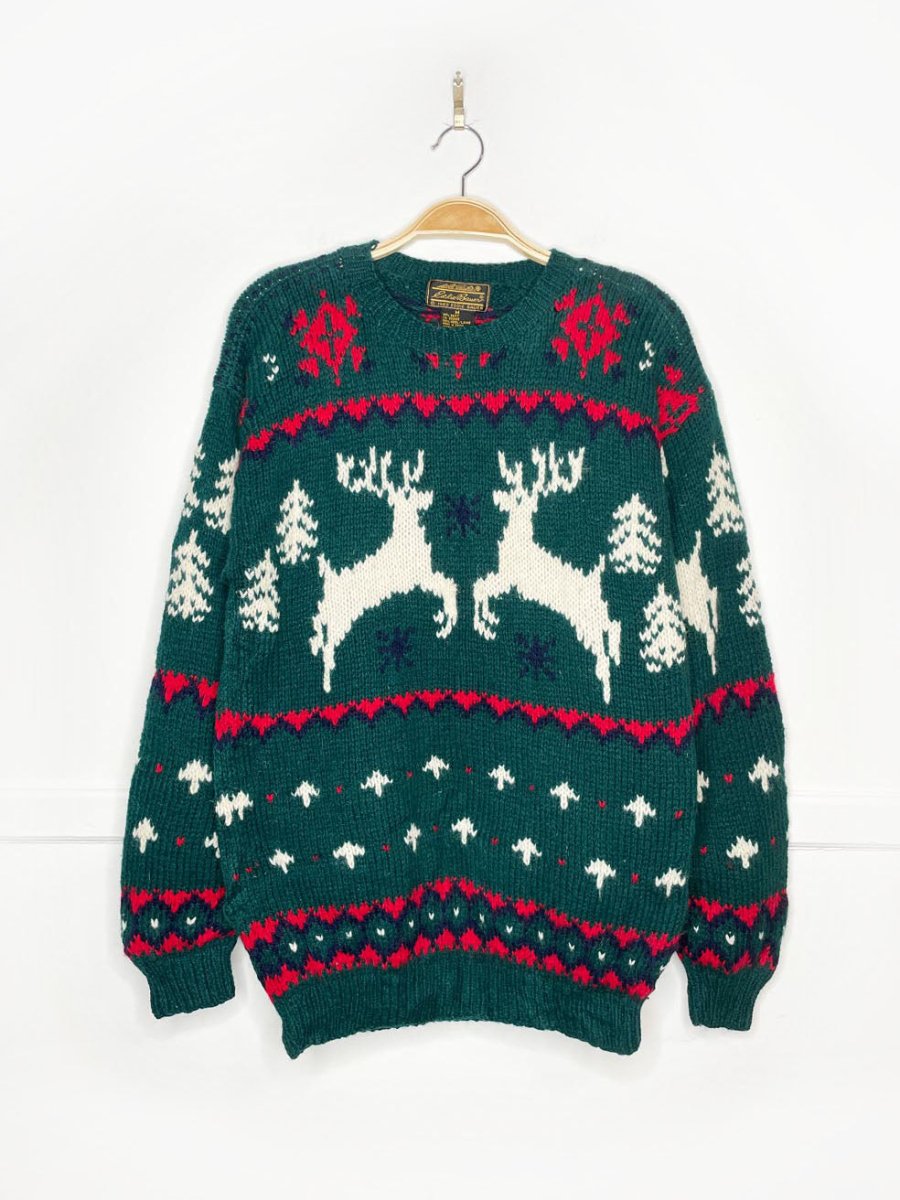 vintage 80s eddie bauer 100% wool reindeer knit sweater - good market thrift store