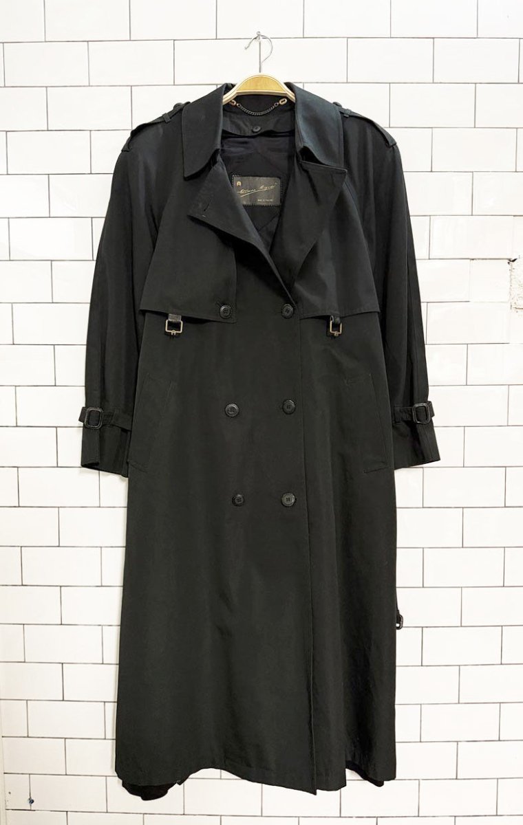 vintage 80s etienne aigner 100% wool lining leather detail double breasted trench coat - good market thrift store