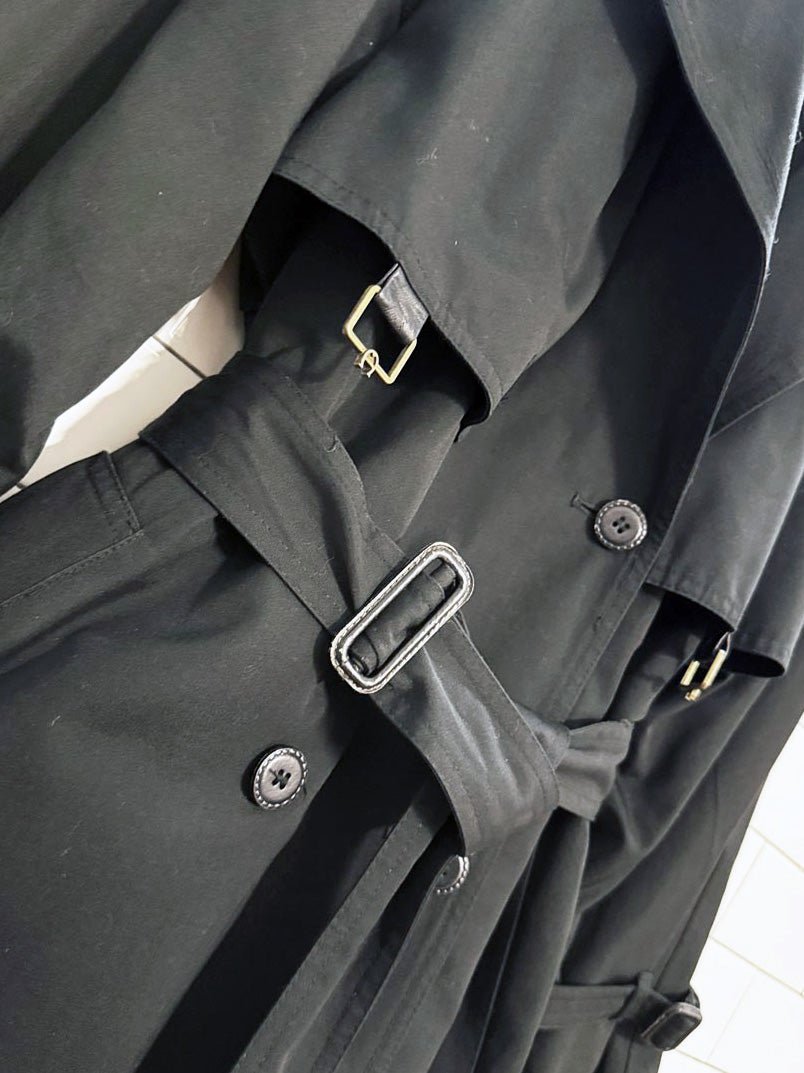 vintage 80s etienne aigner 100% wool lining leather detail double breasted trench coat - good market thrift store