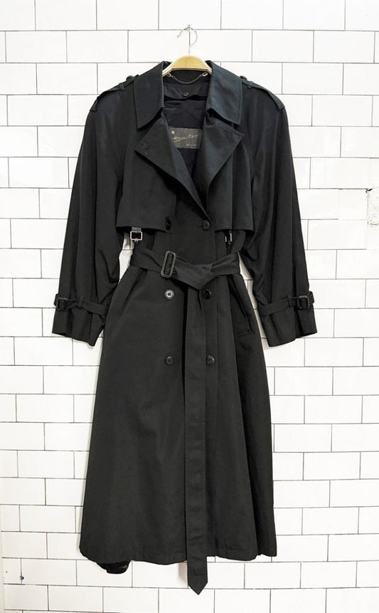 vintage 80s etienne aigner 100% wool lining leather detail double breasted trench coat - good market thrift store