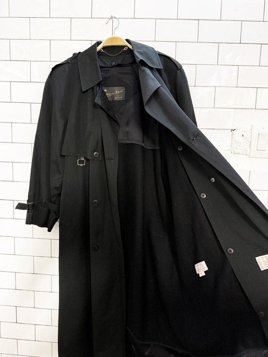 vintage 80s etienne aigner 100% wool lining leather detail double breasted trench coat - good market thrift store