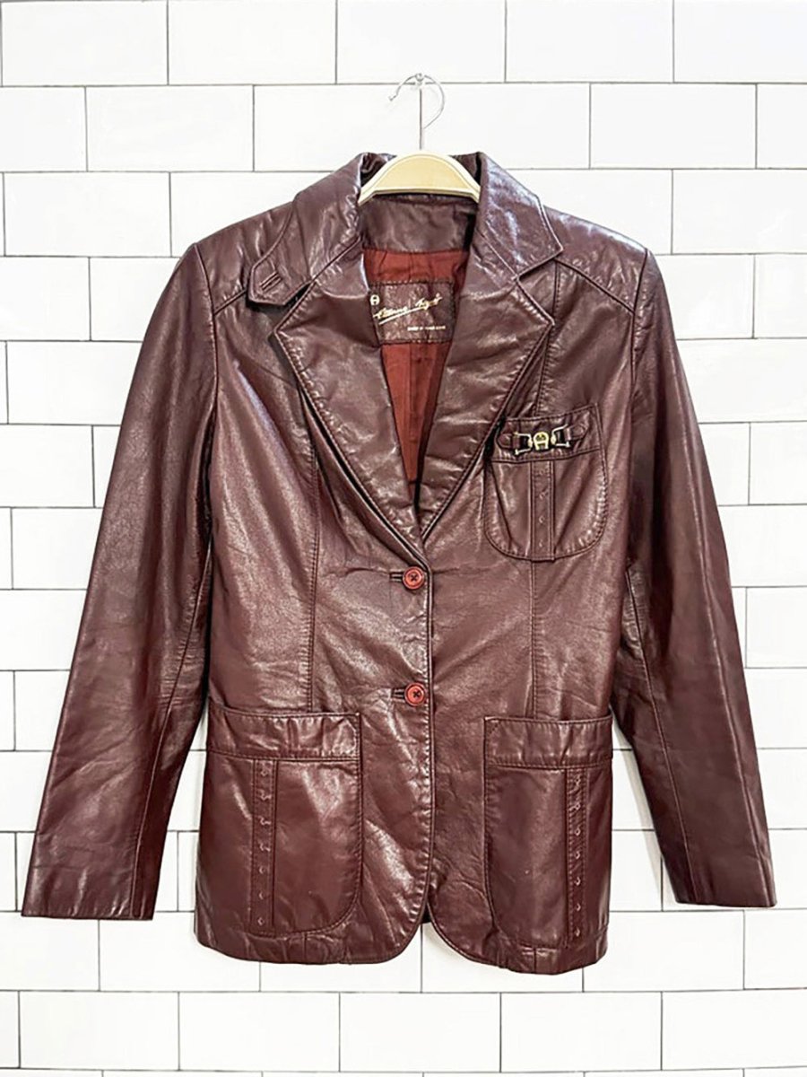 vintage 80s etienne aigner brooch pocket leather blazer jacket - good market thrift store