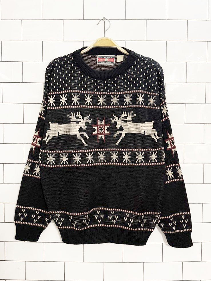 vintage 80s fine line reindeer fair isle knit sweater | genuine quality - good market thrift store