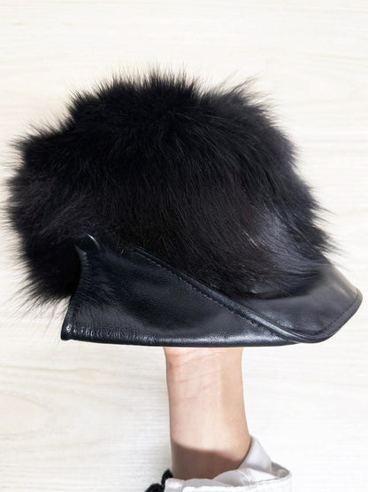 vintage 80s fox fur + faux leather visor hat - good market thrift store