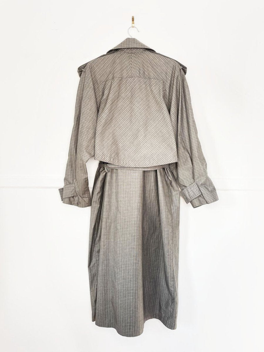 vintage 80s gallery grey plaid classic belted trench coat - good market thrift store