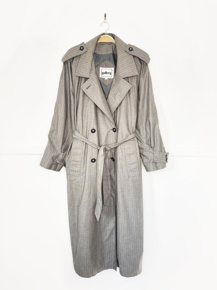 vintage 80s gallery grey plaid classic belted trench coat - good market thrift store