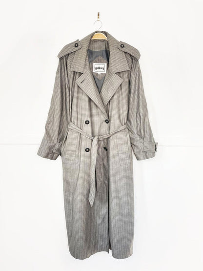 vintage 80s gallery grey plaid classic belted trench coat - good market thrift store