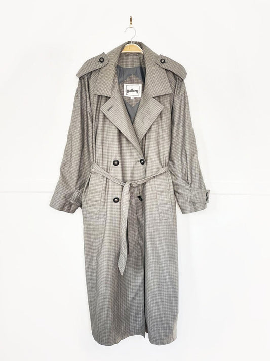 vintage 80s gallery grey plaid classic belted trench coat - good market thrift store