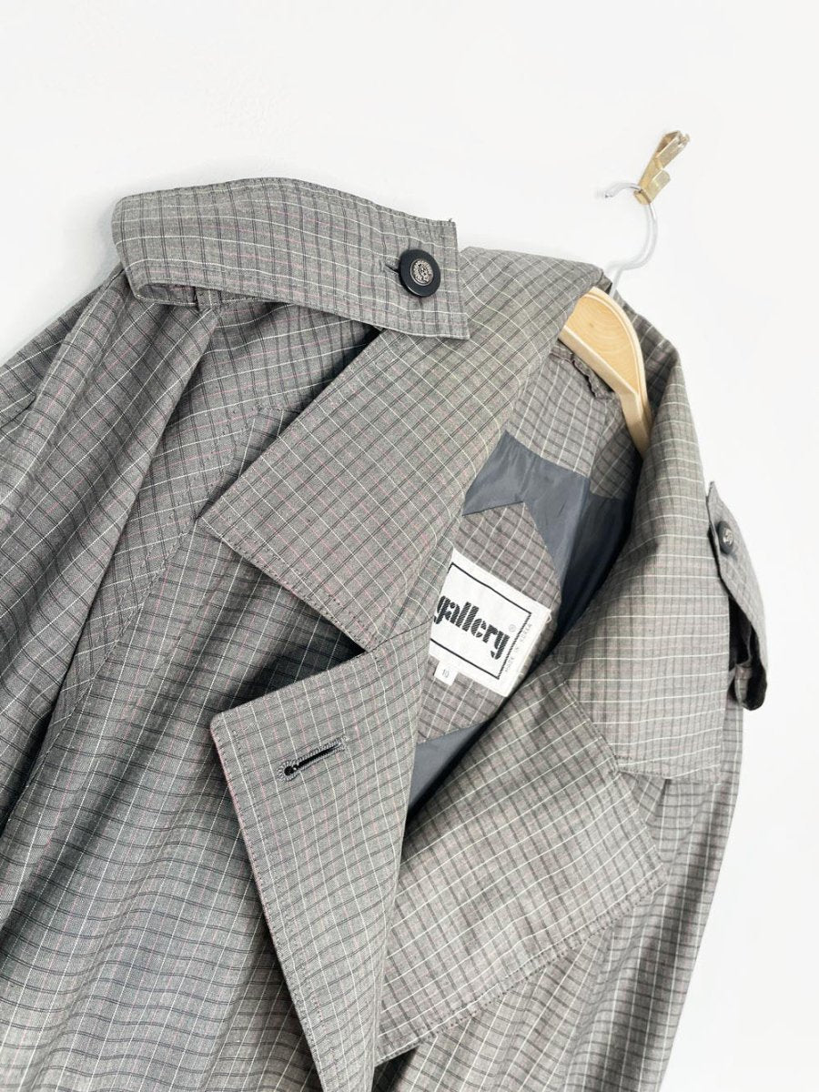 vintage 80s gallery grey plaid classic belted trench coat - good market thrift store
