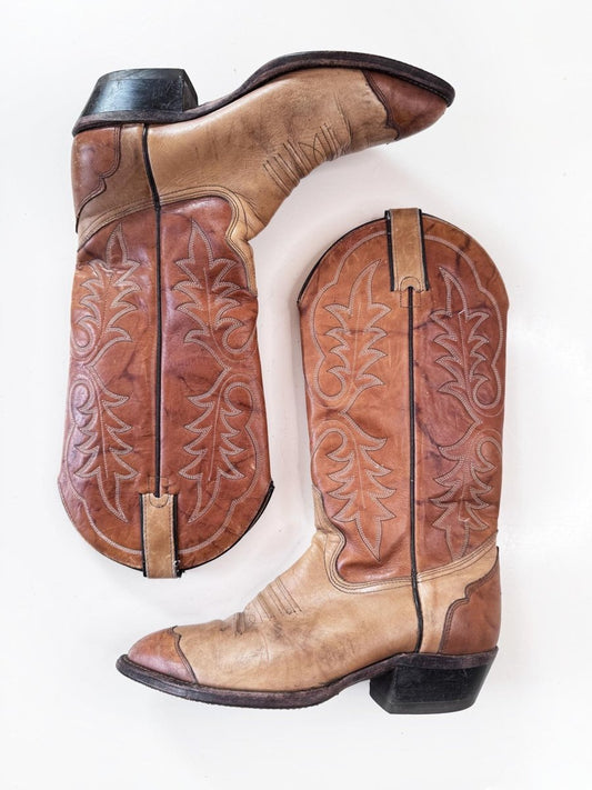 vintage 80s imperial by dan post two-tone leather tall western cowboy boot | made in USA - good market thrift store