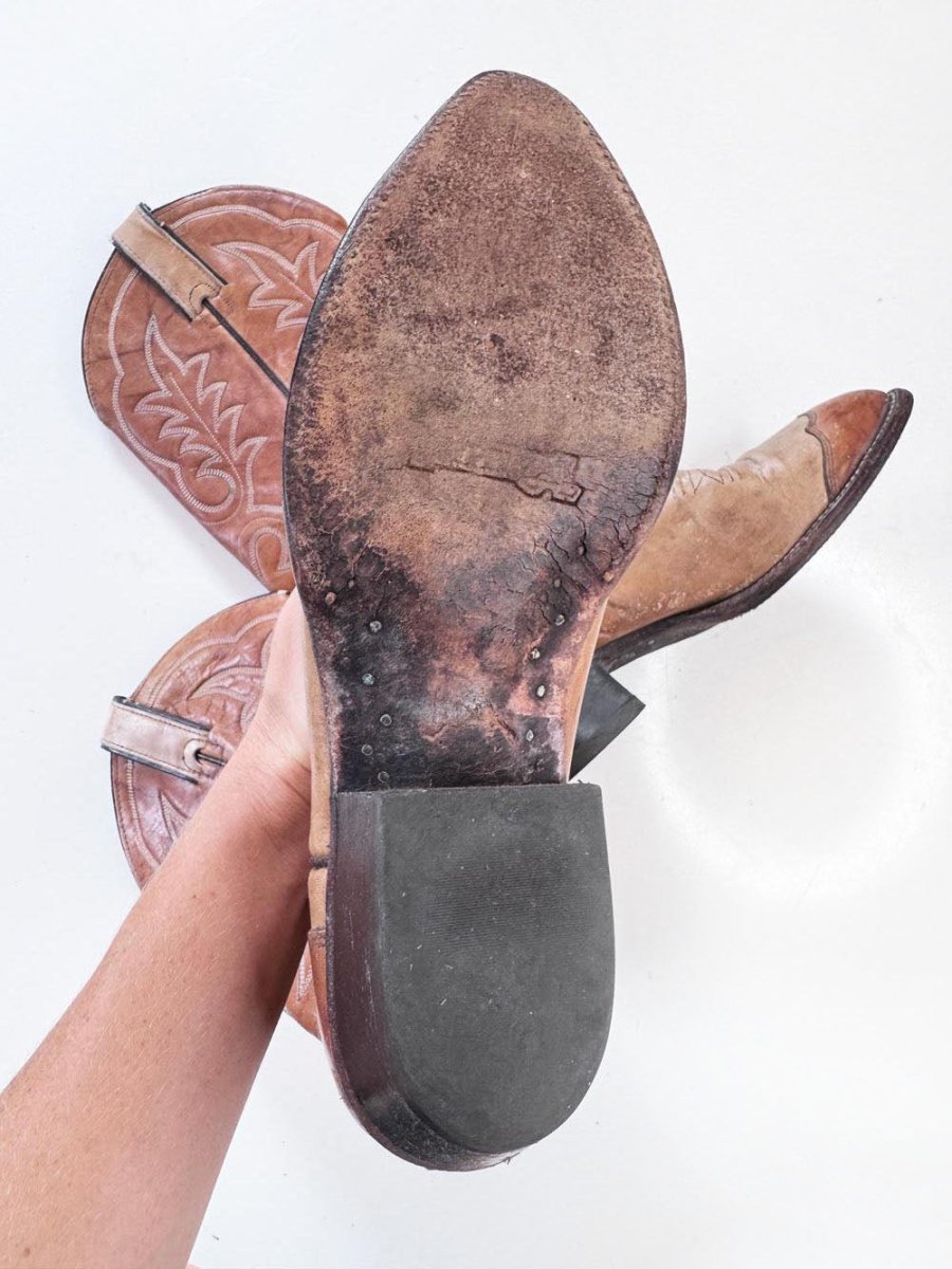 vintage 80s imperial by dan post two-tone leather tall western cowboy boot | made in USA - good market thrift store
