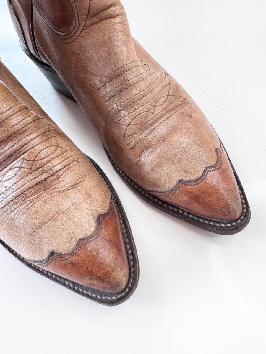 vintage 80s imperial by dan post two-tone leather tall western cowboy boot | made in USA - good market thrift store