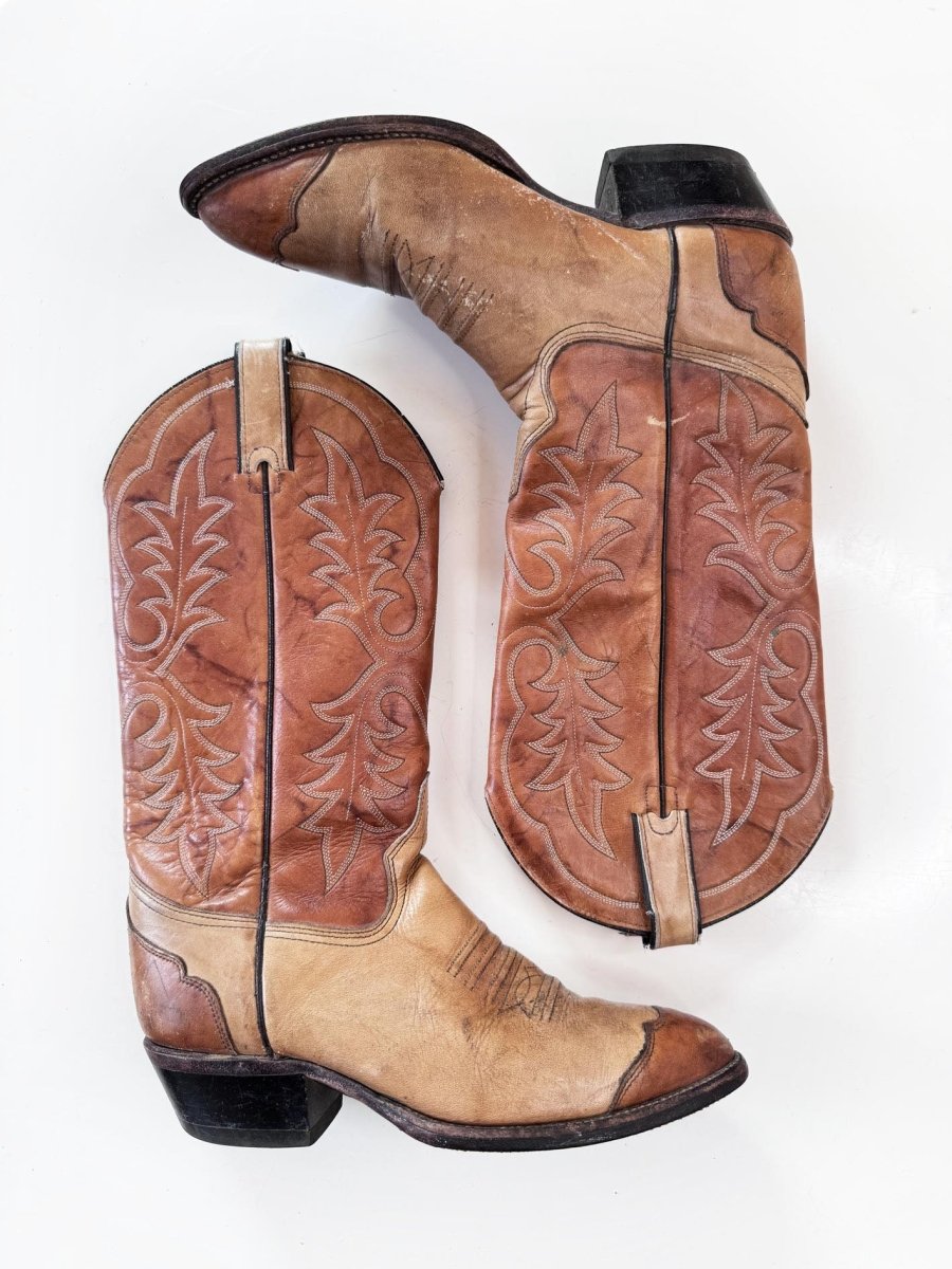 vintage 80s imperial by dan post two-tone leather tall western cowboy boot | made in USA - good market thrift store