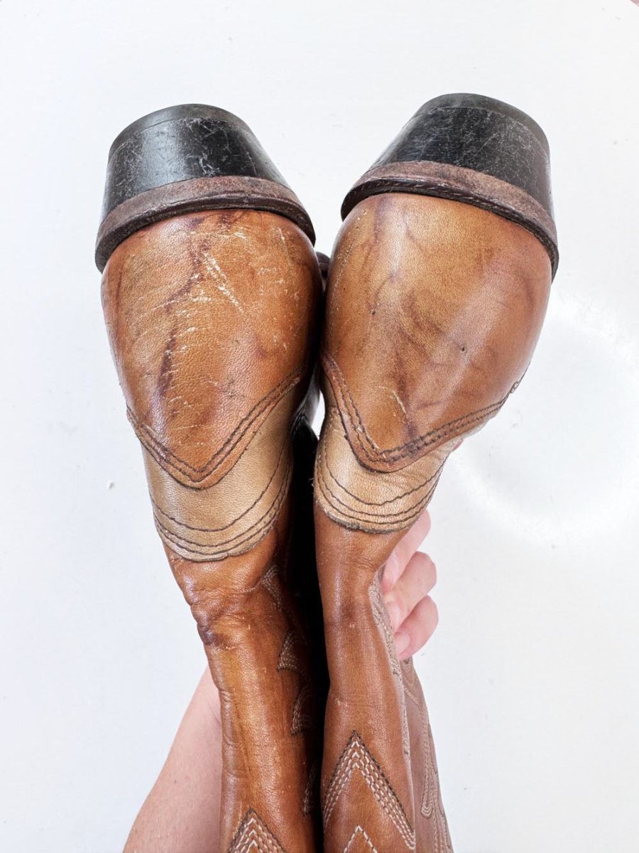 vintage 80s imperial by dan post two-tone leather tall western cowboy boot | made in USA - good market thrift store