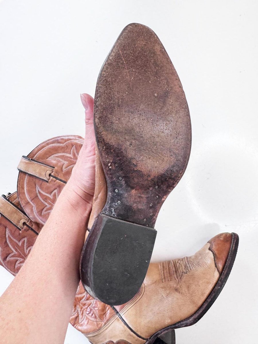 vintage 80s imperial by dan post two-tone leather tall western cowboy boot | made in USA - good market thrift store
