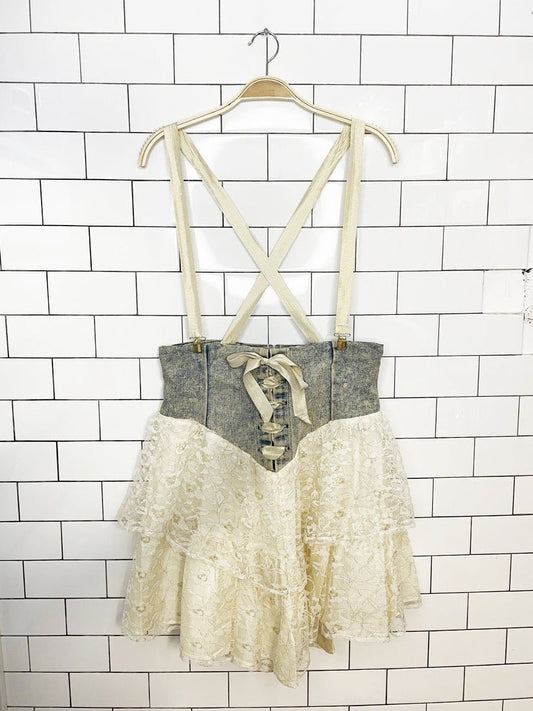 vintage 80s jackie o denim corset tiered lace mini skirt dress | made in USA - good market thrift store