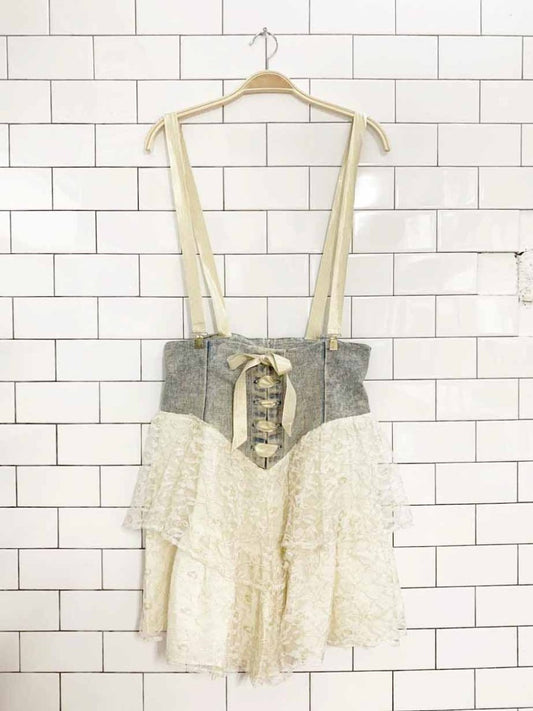 vintage 80s jackie o denim corset tiered lace skirt with suspender | made in USA - good market thrift store