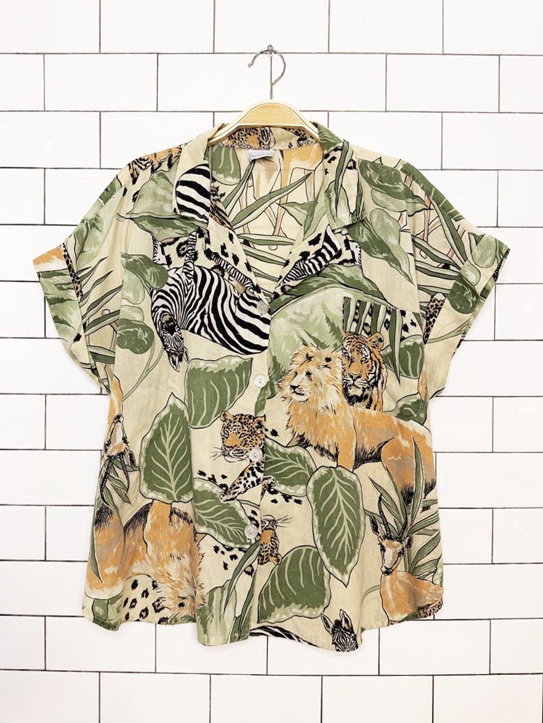 vintage 80s jackie scott jungle animal print oversized boxy shirt - good market thrift store