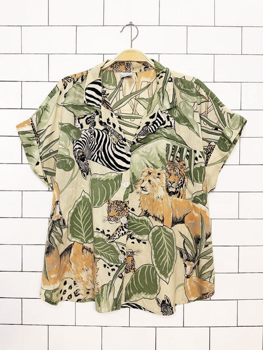 vintage 80s jackie scott jungle animal print oversized boxy shirt - good market thrift store