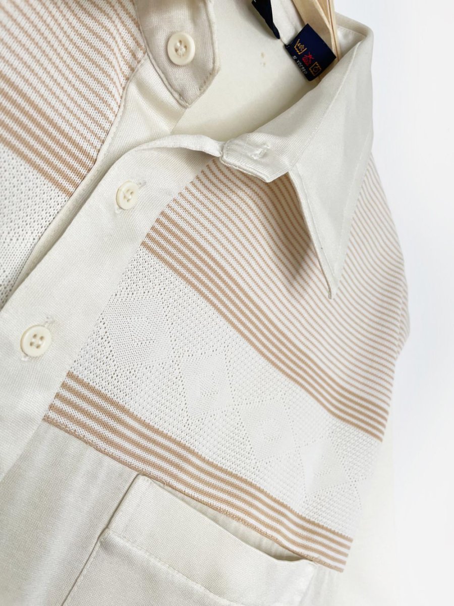 vintage 80s lancer argyle poly - knit minimal bowling shirt - good market thrift store