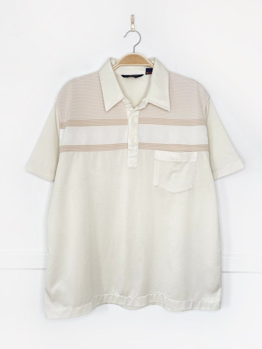 vintage 80s lancer argyle poly - knit minimal bowling shirt - good market thrift store