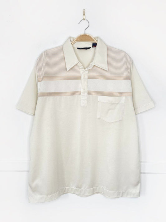 vintage 80s lancer argyle poly - knit minimal bowling shirt - good market thrift store