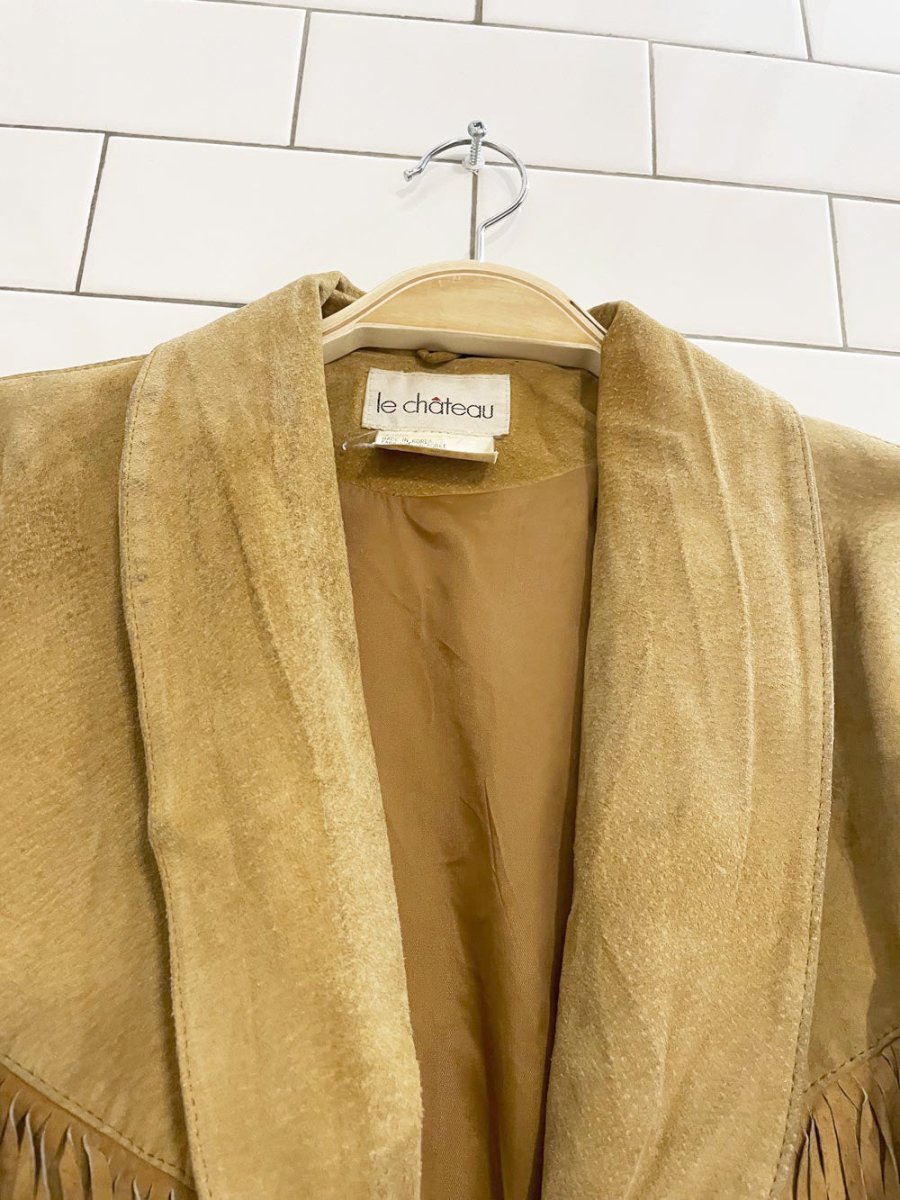 vintage 80s le chateau suede western fringe leather jacket - good market thrift store