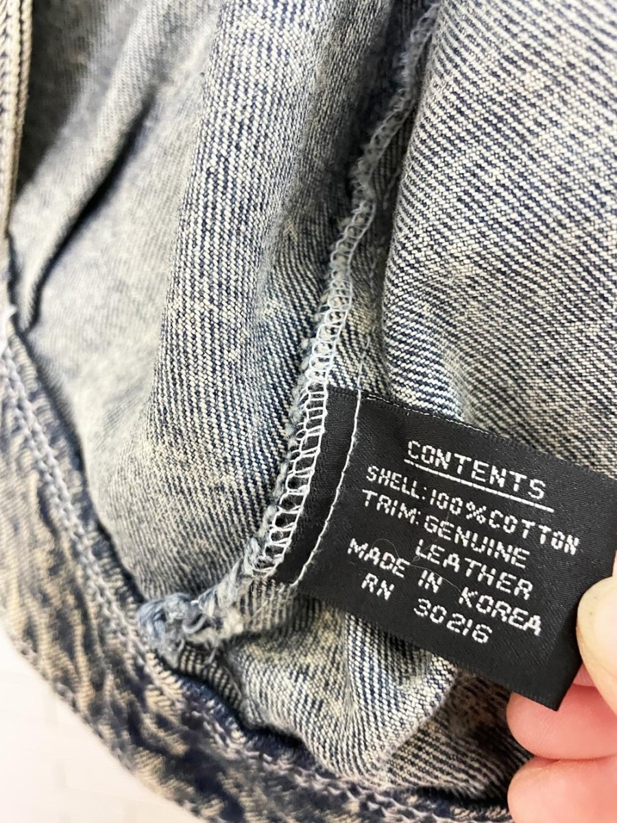 vintage 80s leather fringe concho western acid wash snap button denim jacket - good market thrift store