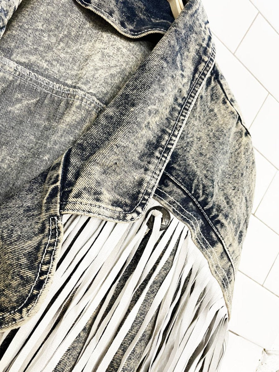 vintage 80s leather fringe concho western acid wash snap button denim jacket - good market thrift store