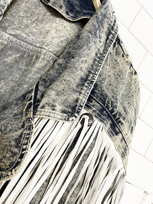 vintage 80s leather fringe concho western acid wash snap button denim jacket - good market thrift store
