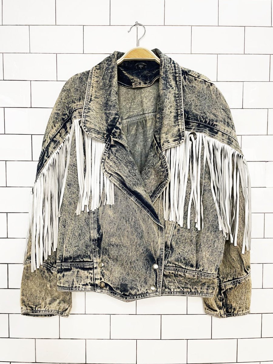 vintage 80s leather fringe concho western acid wash snap button denim jacket - good market thrift store