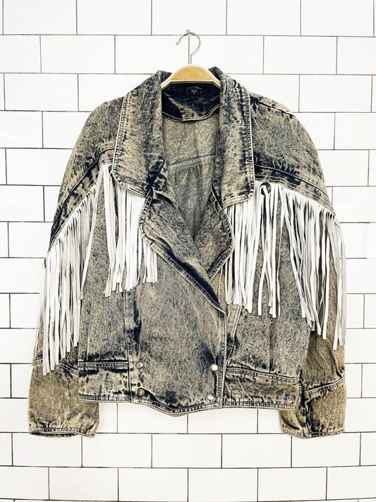 vintage 80s leather fringe concho western acid wash snap button denim jacket - good market thrift store