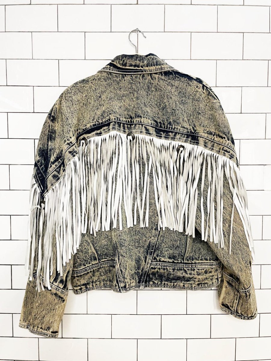 vintage 80s leather fringe concho western acid wash snap button denim jacket - good market thrift store