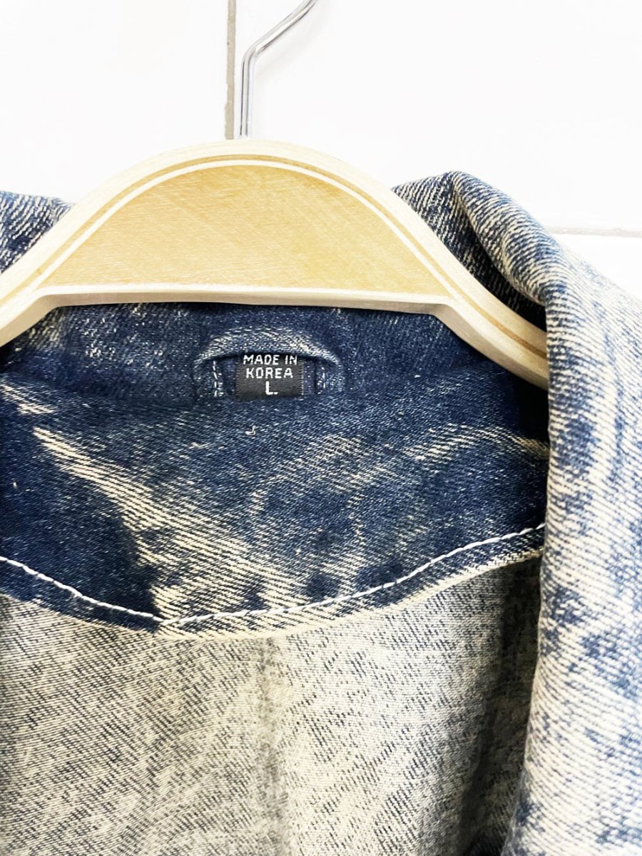 vintage 80s leather fringe concho western acid wash snap button denim jacket - good market thrift store