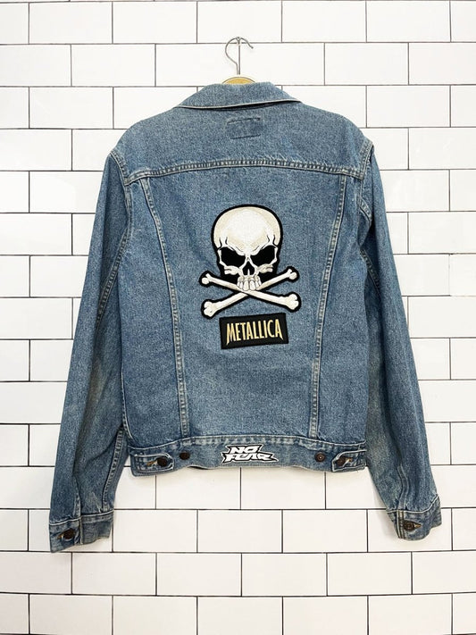 vintage 80s levi's denim metallica skull bones patch jacket | made in usa - good market thrift store