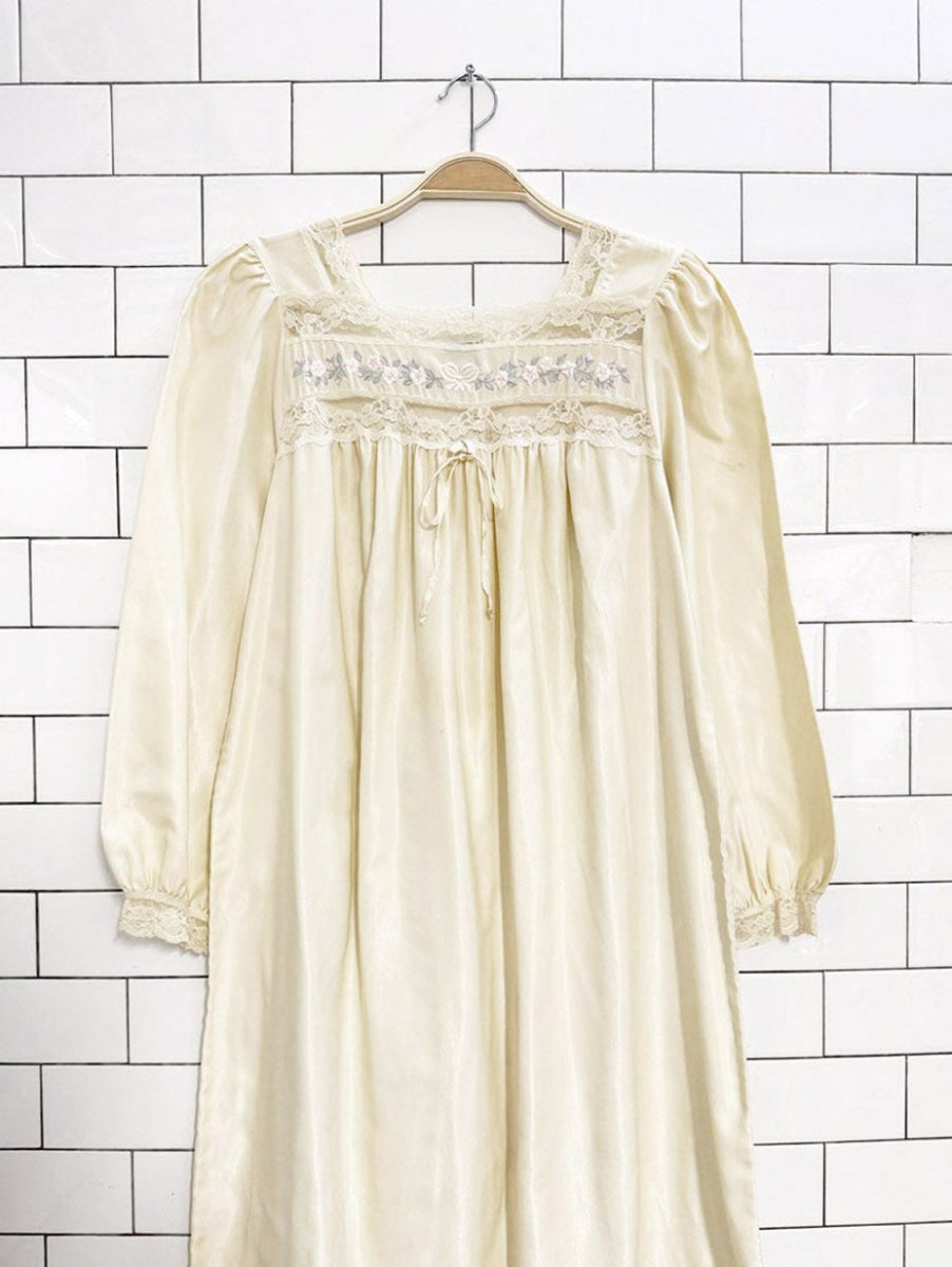 vintage 80s linda lingerie satin lace embroidered night dress - good market thrift store
