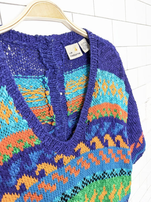 vintage 80s liz claiborne linen-blend chunky knit vibrant sweater top - good market thrift store